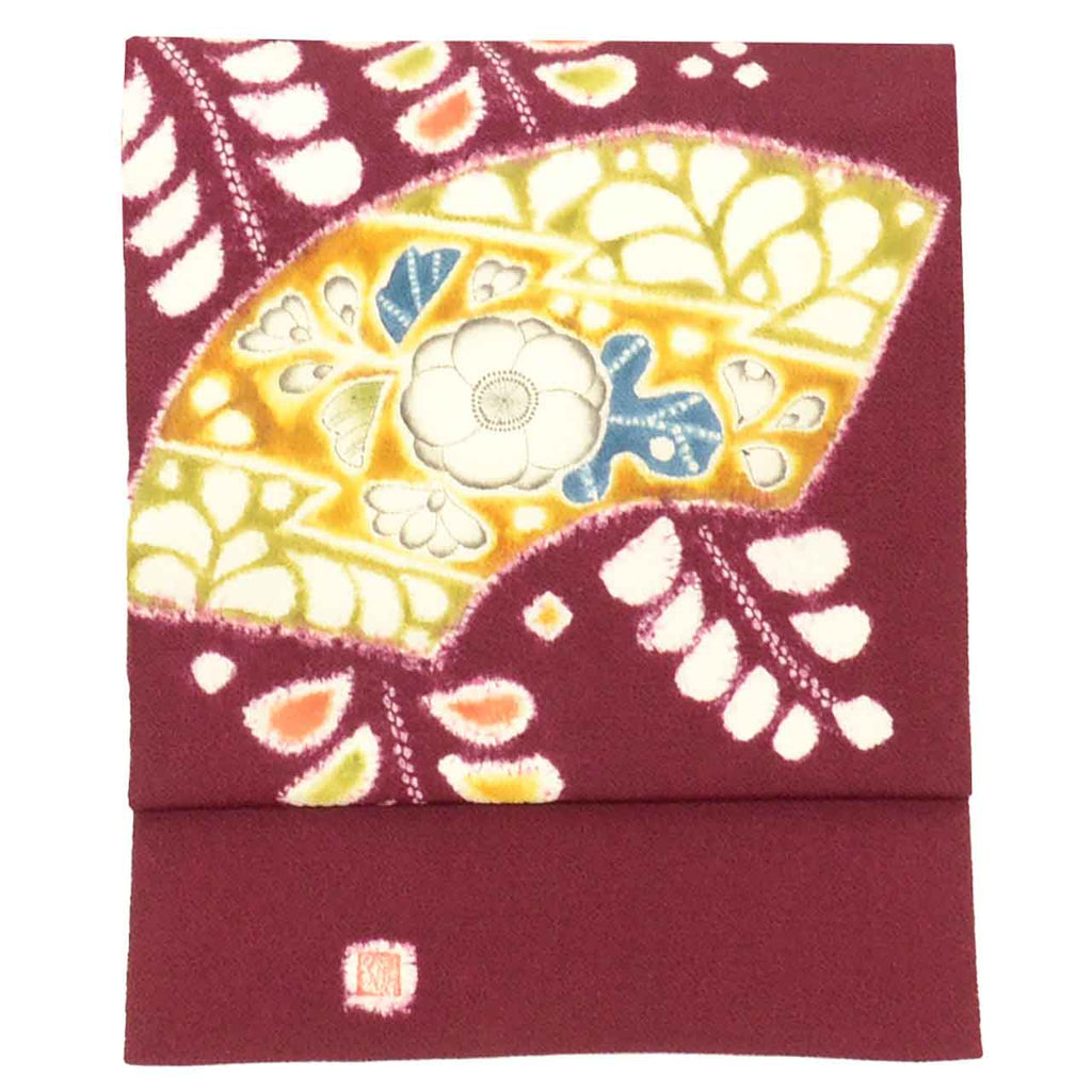 Vintage Japanese Obi | Nagoya Obi | Crimson Silk Crepe | Tsujigahana Pattern | Artist Signed | Sustainable | Sustainable | uu2812b