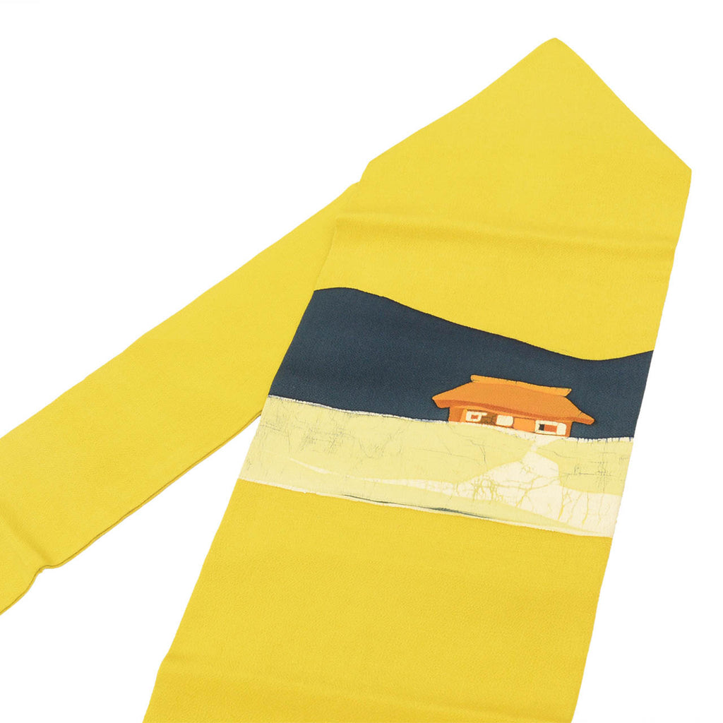 Vintage Japanese Obi | Nagoya Obi | Yellow Green Silk Crepe | House Pattern | Casual | Sustainable | Sustainable | uu2813b