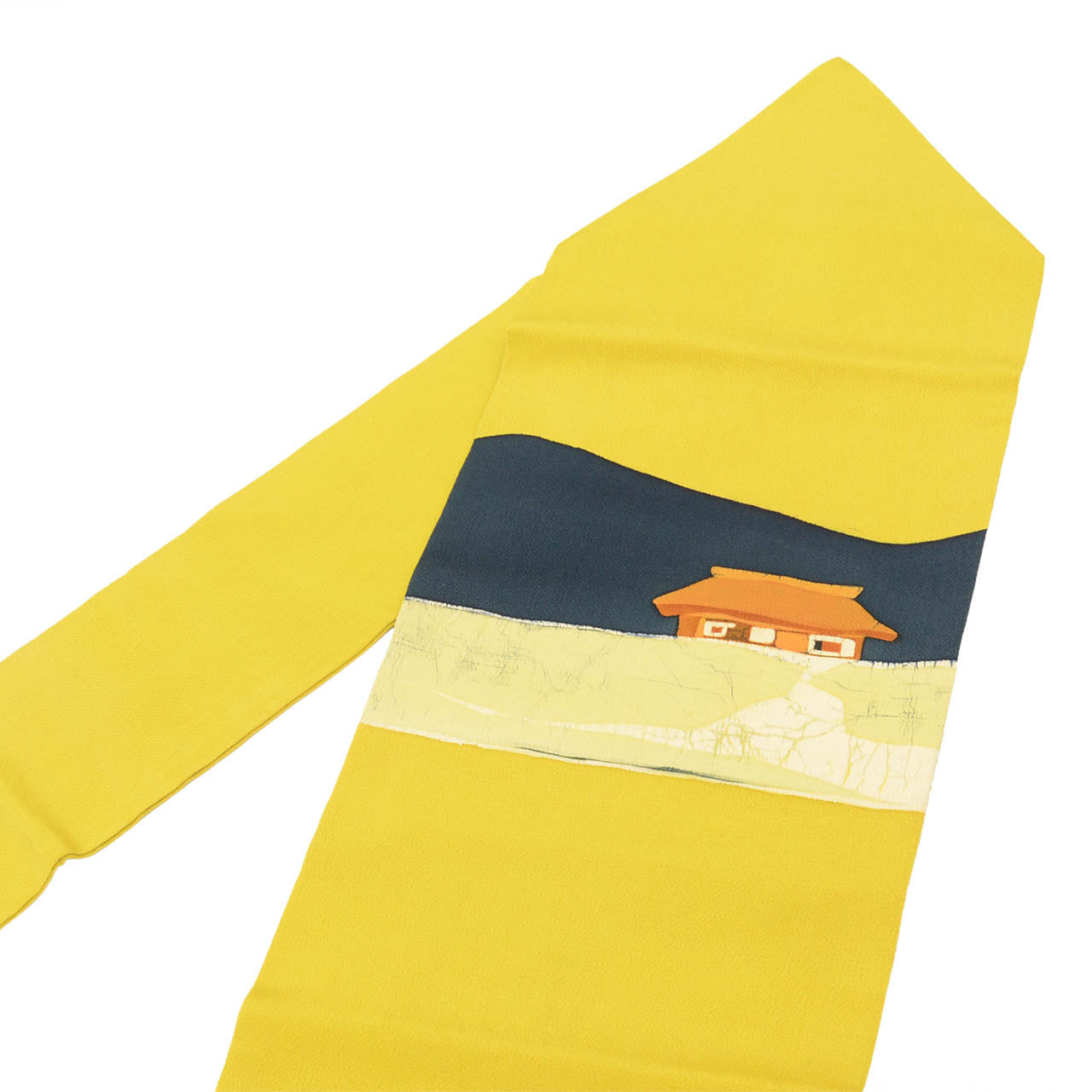 Vintage Japanese Obi | Nagoya Obi | Yellow Green Silk Crepe | House Pattern | Casual | Sustainable | Sustainable | uu2813b
