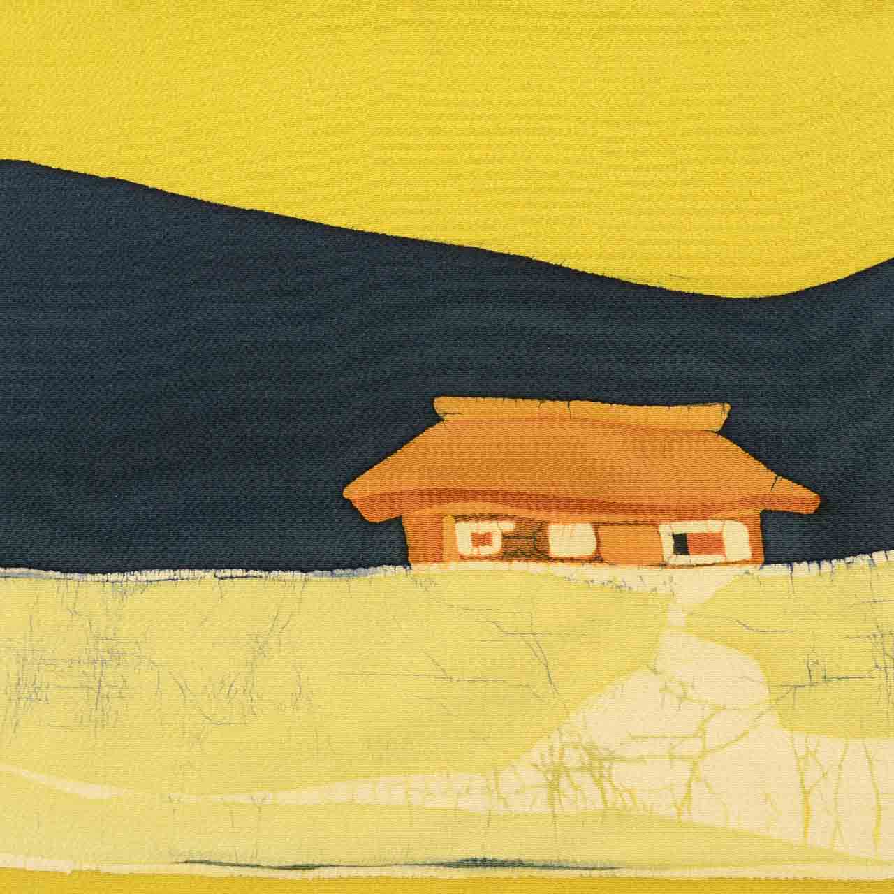 Vintage Japanese Obi | Nagoya Obi | Yellow Green Silk Crepe | House Pattern | Casual | Sustainable | Sustainable | uu2813b