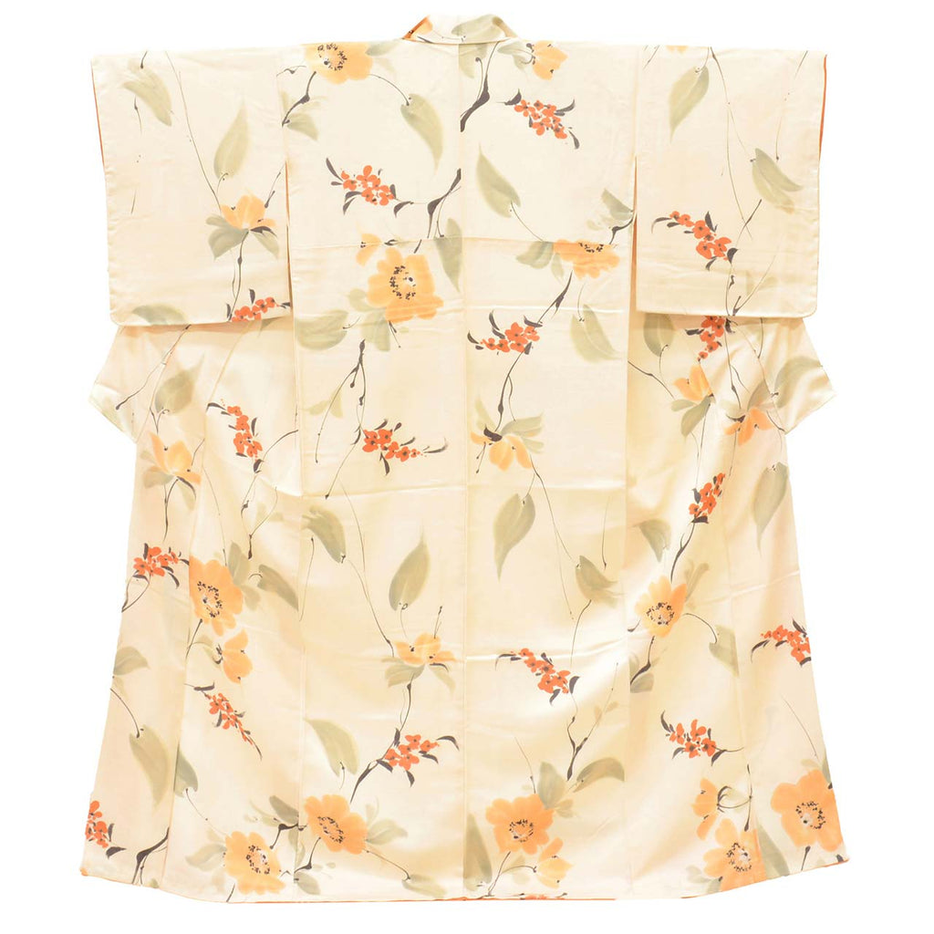 [Used] Recycled Kimono, Komon Kimono, Pure Silk, Size L (Slightly Plus Size L), Good Condition, Length 161.6cm (63.6in), Sleeve Length 65.6cm (25.8in), Lined, Ready-made, Unused, Beige, Floral Pattern, Silk, Reuse, uu2814b 