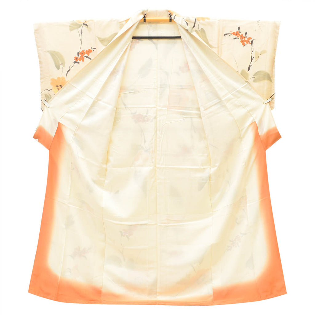 [Used] Recycled Kimono, Komon Kimono, Pure Silk, Size L (Slightly Plus Size L), Good Condition, Length 161.6cm (63.6in), Sleeve Length 65.6cm (25.8in), Lined, Ready-made, Unused, Beige, Floral Pattern, Silk, Reuse, uu2814b 