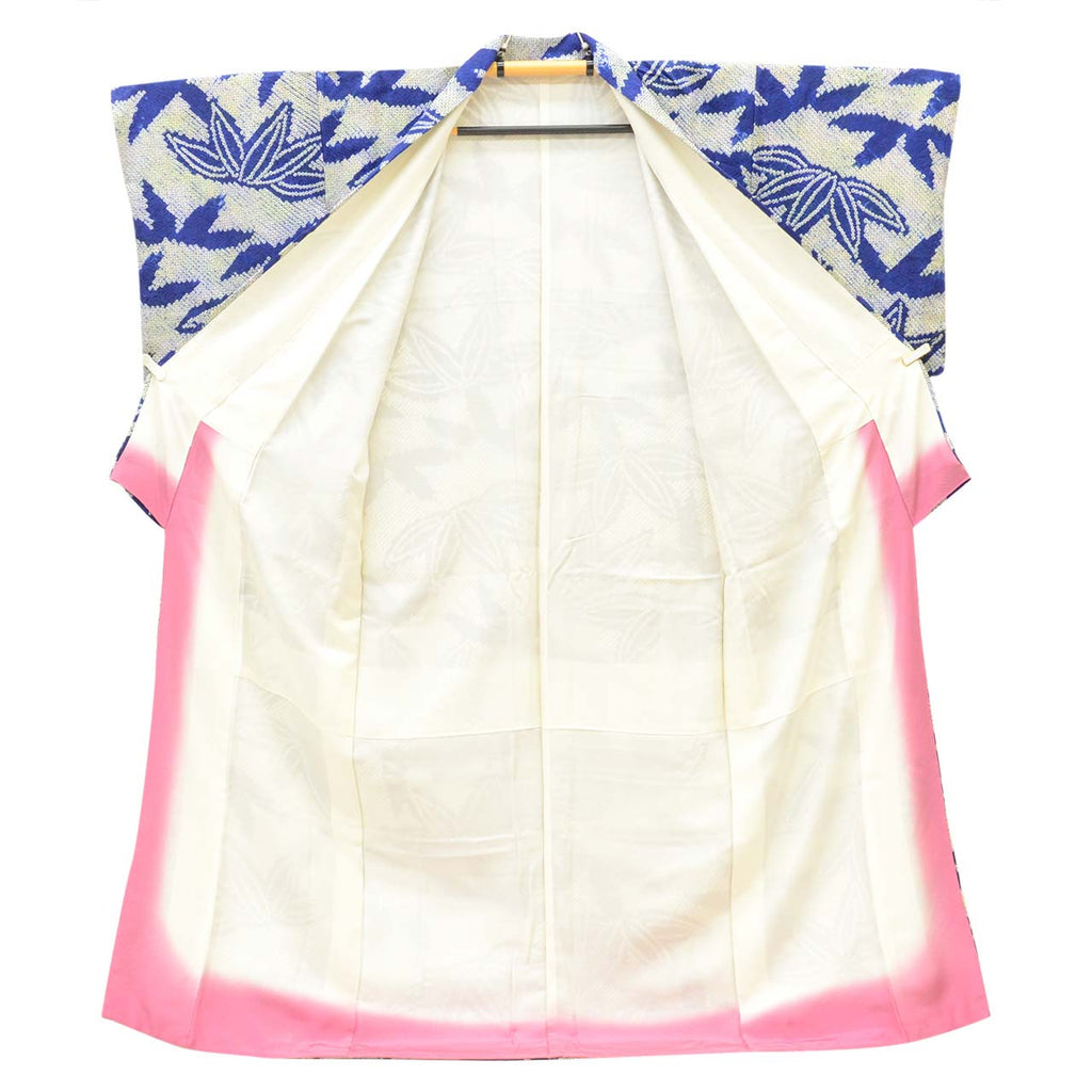 [Used] Recycled Kimono, Komon style, Pure Silk, Size L (Slightly Plus Size L), Excellent Condition, Length 161.5cm (63.6in), Sleeve Length 66.3cm (26.1in), Lined, Ready-made, Fully Shibori Dyed, Navy Blue with Bamboo Pattern, Silk, Reused, uu2815b 