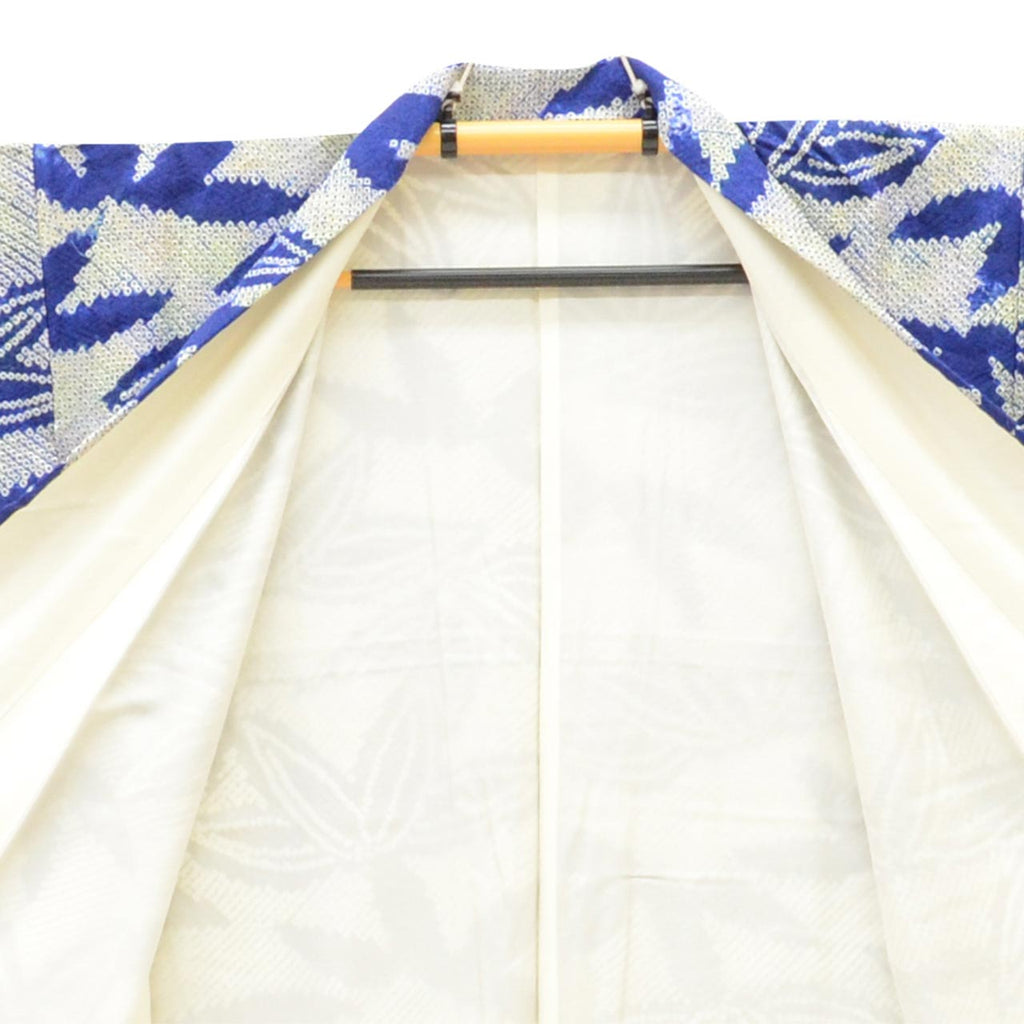 [Used] Recycled Kimono, Komon style, Pure Silk, Size L (Slightly Plus Size L), Excellent Condition, Length 161.5cm (63.6in), Sleeve Length 66.3cm (26.1in), Lined, Ready-made, Fully Shibori Dyed, Navy Blue with Bamboo Pattern, Silk, Reused, uu2815b 