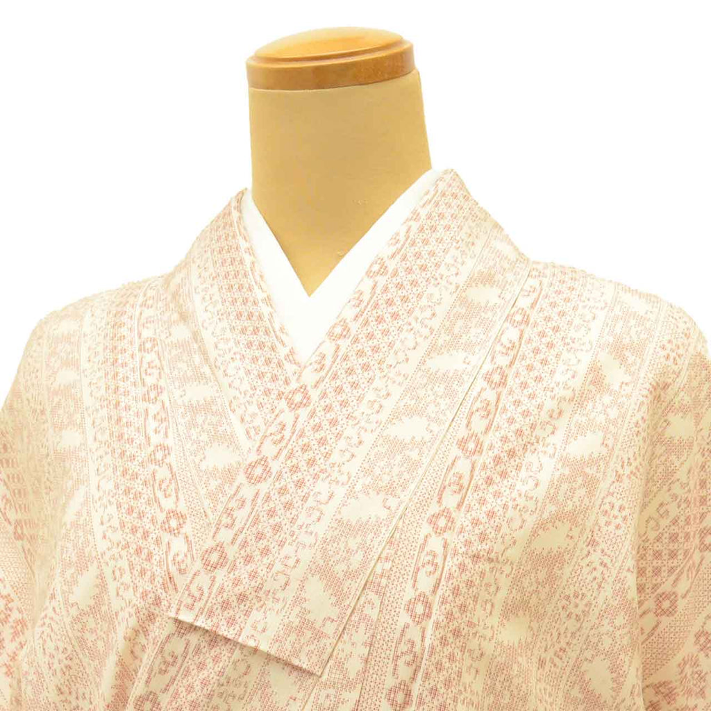 Vintage Japanese Kimono | Oshima Tsumugi | White Silk | Floral Geometric | Warikomi | Size M | Sustainable | Sustainable | uu2817b