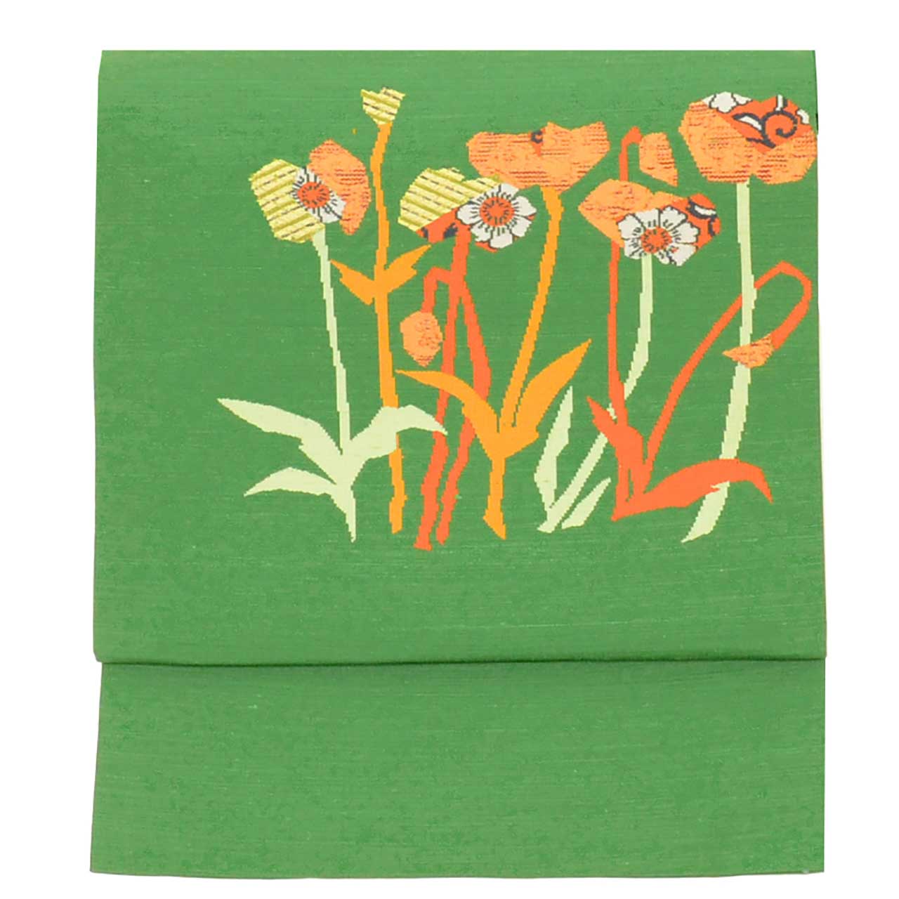 Vintage Japanese Obi | Nagoya Obi | Green Silk Tsumugi | Botanical Pattern | Casual | Sustainable | Sustainable | uu2818b