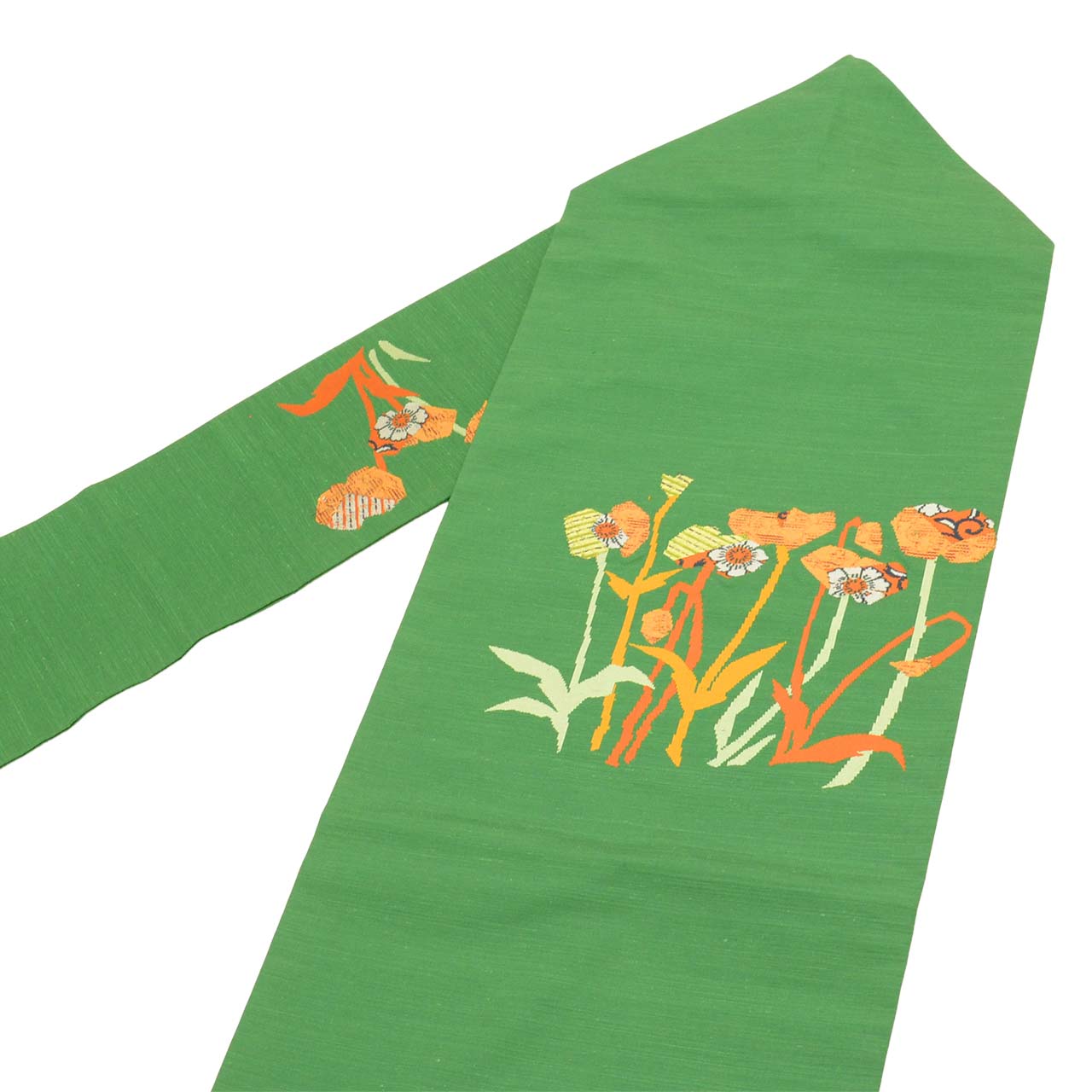 Vintage Japanese Obi | Nagoya Obi | Green Silk Tsumugi | Botanical Pattern | Casual | Sustainable | Sustainable | uu2818b