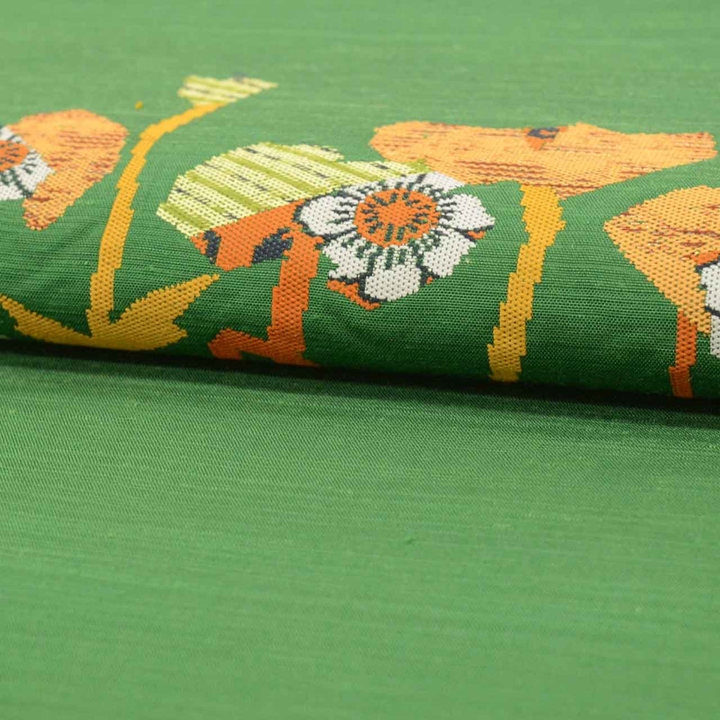 Vintage Japanese Obi | Nagoya Obi | Green Silk Tsumugi | Botanical Pattern | Casual | Sustainable | Sustainable | uu2818b