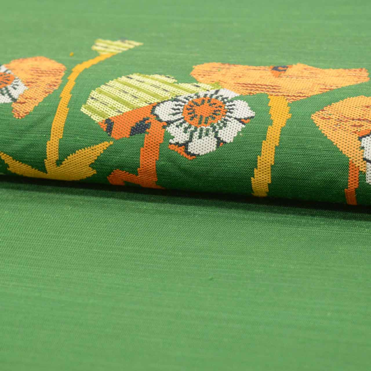 Vintage Japanese Obi | Nagoya Obi | Green Silk Tsumugi | Botanical Pattern | Casual | Sustainable | Sustainable | uu2818b