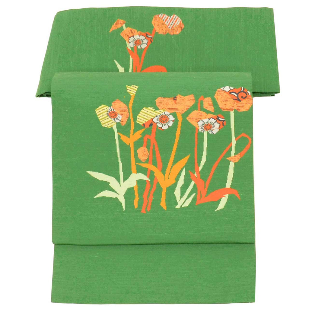 Vintage Japanese Obi | Nagoya Obi | Green Silk Tsumugi | Botanical Pattern | Casual | Sustainable | Sustainable | uu2818b