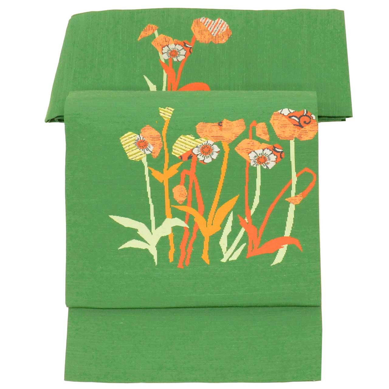 Vintage Japanese Obi | Nagoya Obi | Green Silk Tsumugi | Botanical Pattern | Casual | Sustainable | Sustainable | uu2818b