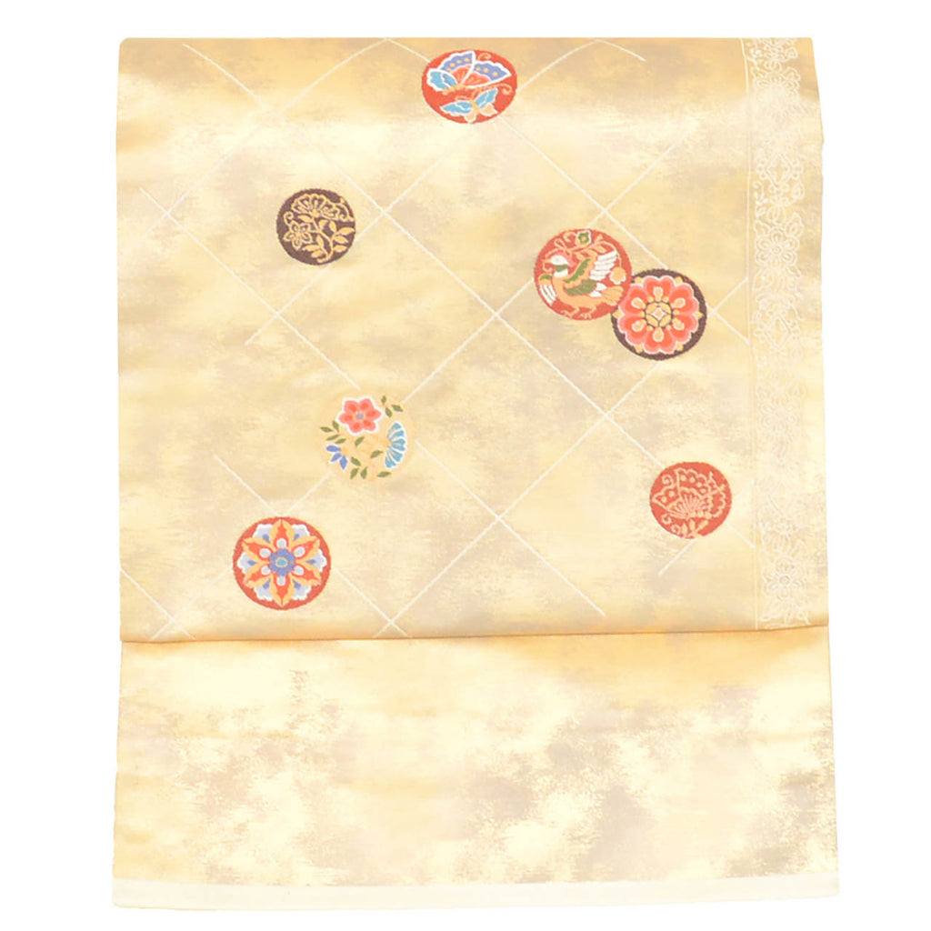 Vintage Japanese Obi | Nagoya Obi | White Silk | Floral Circle Gold Foil | Unused | Sustainable | Sustainable | uu2824b