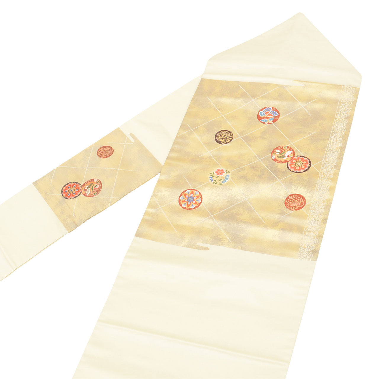 Vintage Japanese Obi | Nagoya Obi | White Silk | Floral Circle Gold Foil | Unused | Sustainable | Sustainable | uu2824b