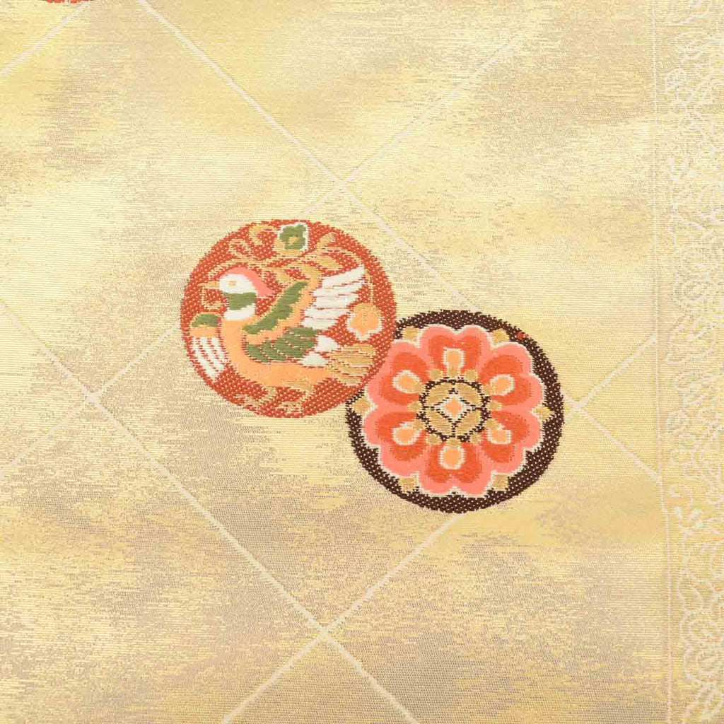 Vintage Japanese Obi | Nagoya Obi | White Silk | Floral Circle Gold Foil | Unused | Sustainable | Sustainable | uu2824b