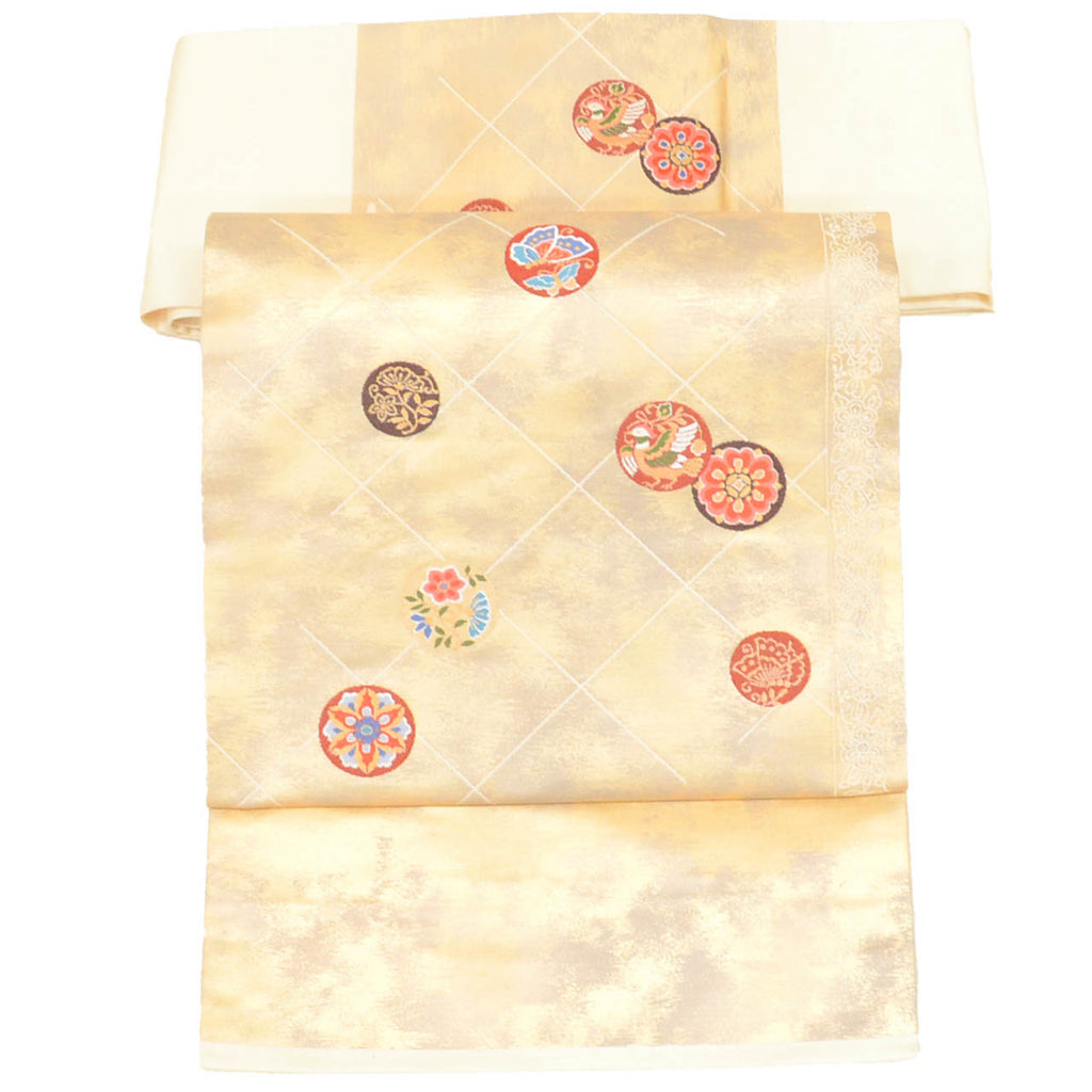 Vintage Japanese Obi | Nagoya Obi | White Silk | Floral Circle Gold Foil | Unused | Sustainable | Sustainable | uu2824b