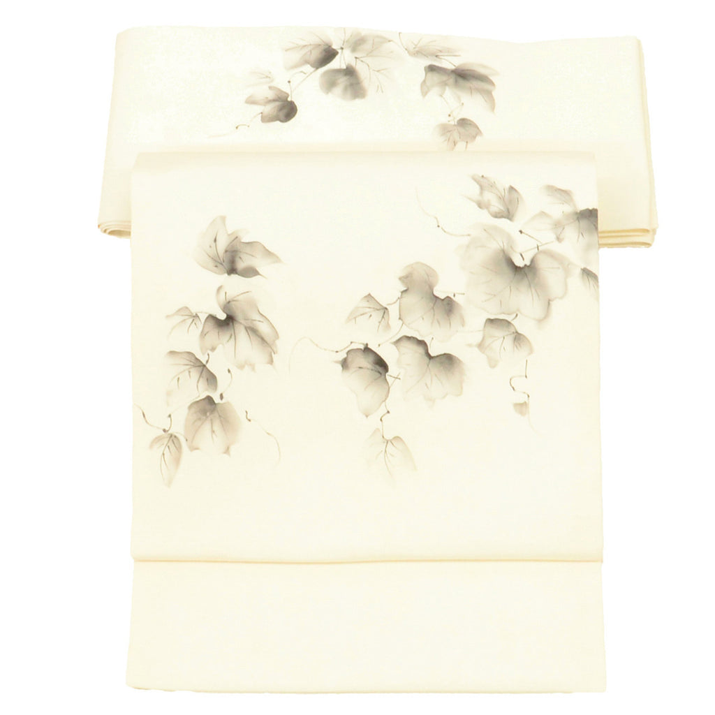 Vintage Japanese Obi | Nagoya Obi | White Silk | Ivy Pattern | Artist Signed | Unused | Sustainable | Sustainable | uu2825b