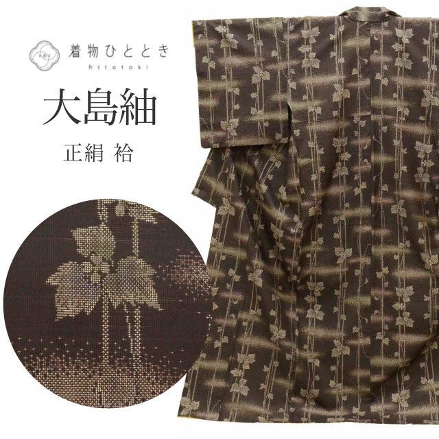 【中古】 大島紬 着物 正絹 リサイクル 身丈164.5cm L 裄68.3cm 泥染め 袷 仕立て上がり クリーニング済み 茶色系 蔦文様 7マルキ 【 紬 紬の着物 リサイクル紬 正絹 袷 紬 着物 中古 古着 アウトレット 送料無料】uuc0025a20