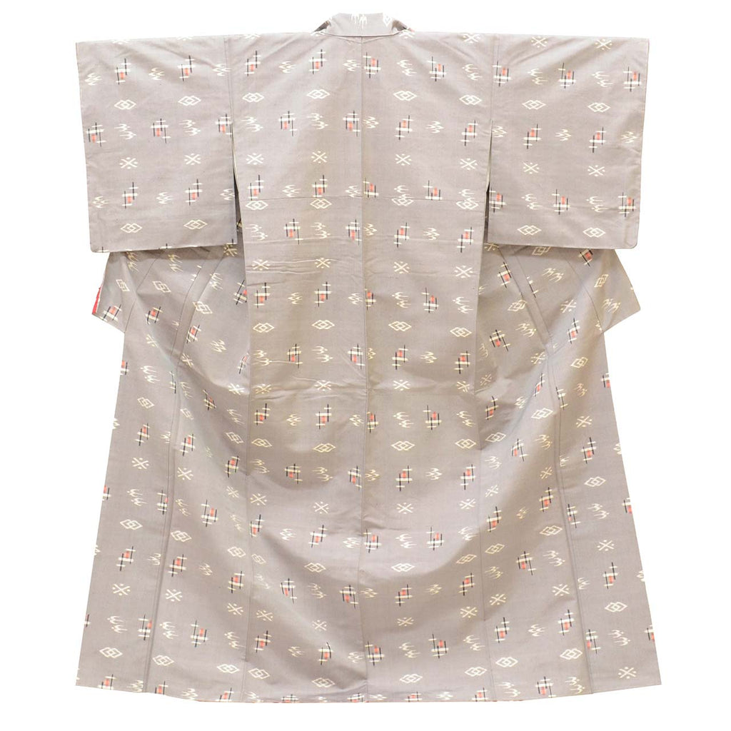 Vintage Japanese Kimono | Tsumugi | Gray Silk | Ryukyu Kasuri Pattern | Size L | Sustainable | vv0007