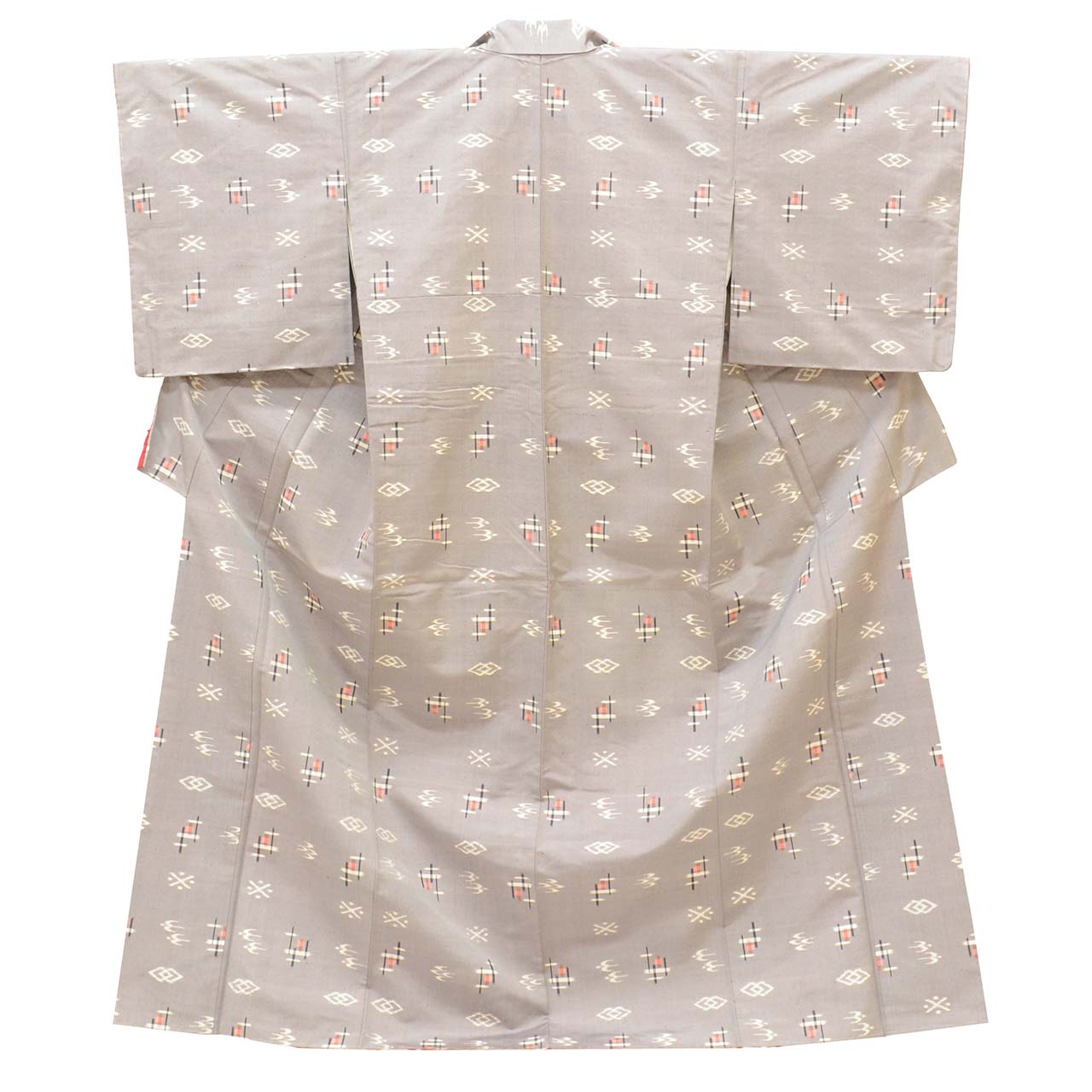 Vintage Japanese Kimono | Tsumugi | Gray Silk | Ryukyu Kasuri Pattern | Size L | Sustainable | vv0007