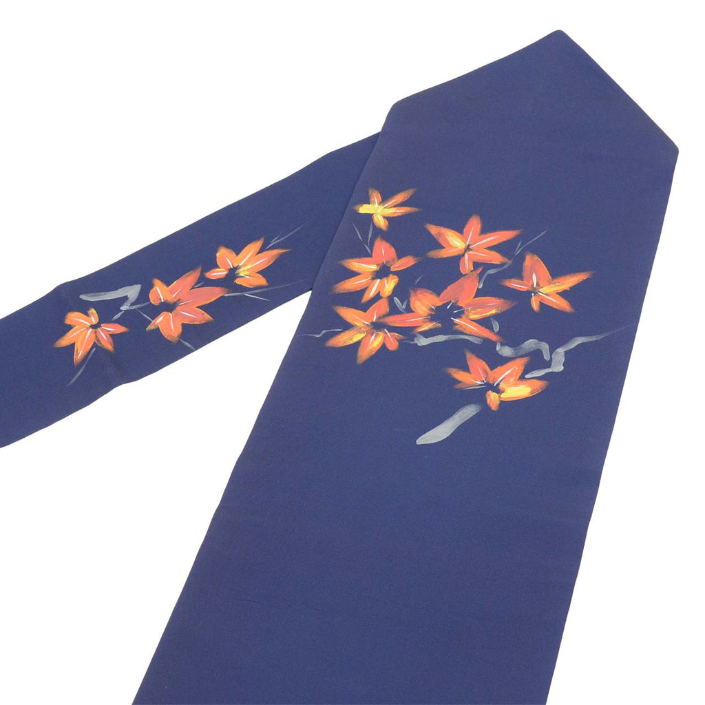 Vintage Japanese Obi | Nagoya Obi | Navy Silk | Floral Hand-painted | Nine-sun | Otaiko | Sustainable | vv0008