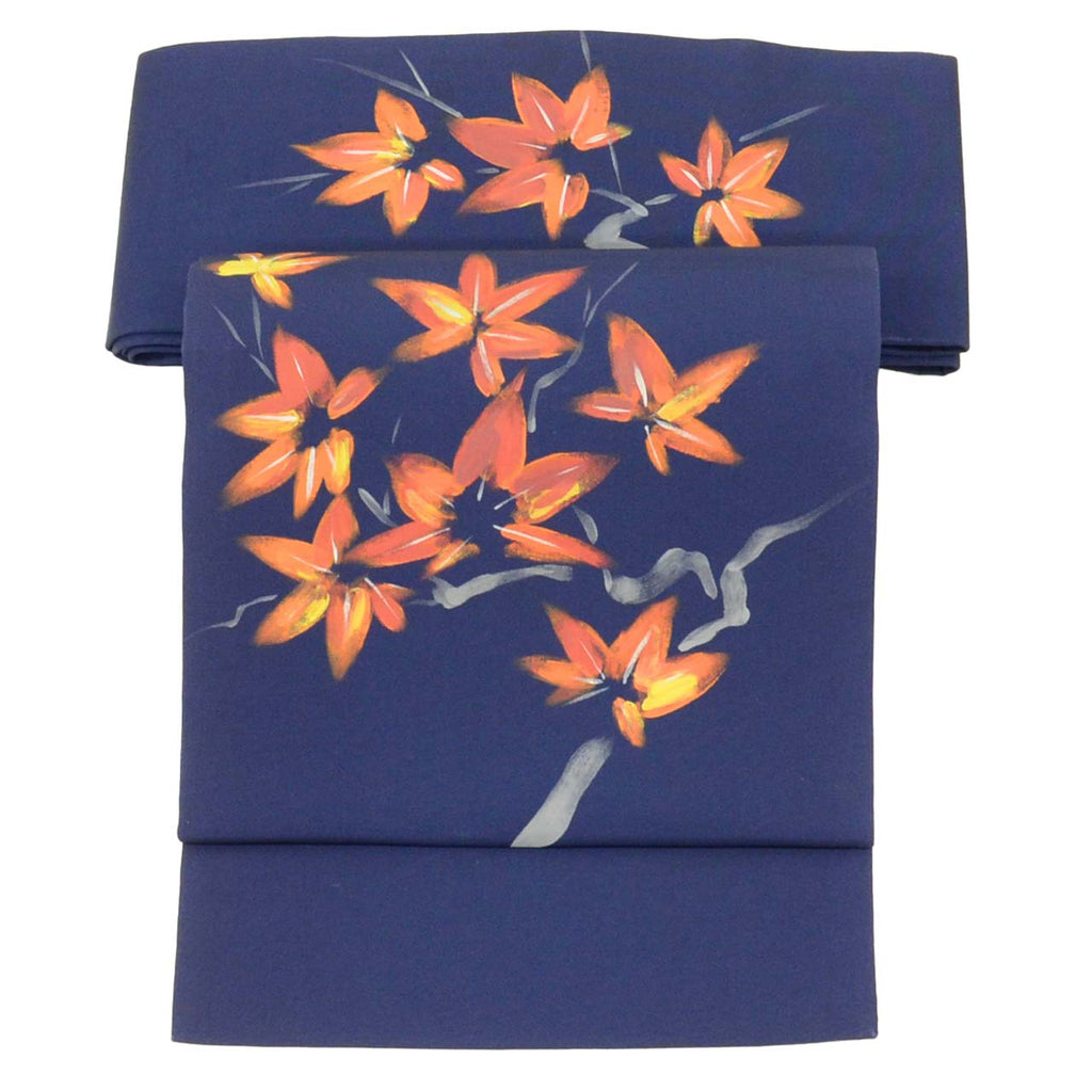 Vintage Japanese Obi | Nagoya Obi | Navy Silk | Floral Hand-painted | Nine-sun | Otaiko | Sustainable | vv0008