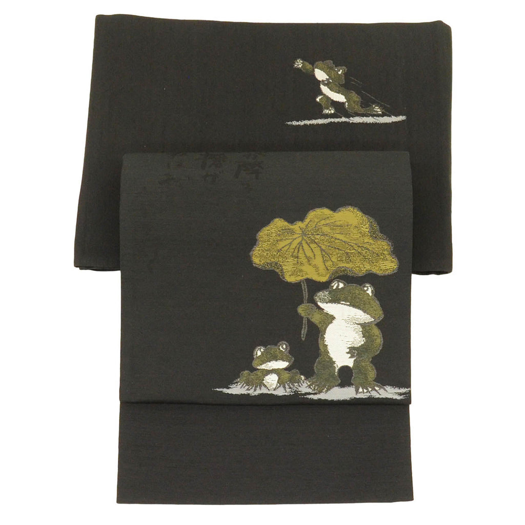 Vintage Japanese Obi | Sha-re Fukuro Obi | Silk Tsumugi-ji | Frog Kasa-jizo | Reversible | Edo Komon | Sustainable | vv0011