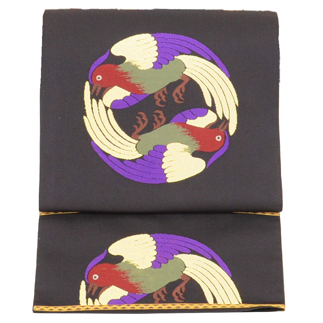 Vintage Japanese Obi | Fukuro Obi | Black Silk | Facing Birds Pattern | Kara-ori | Gold Silver Thread | Sustainable | vv0012