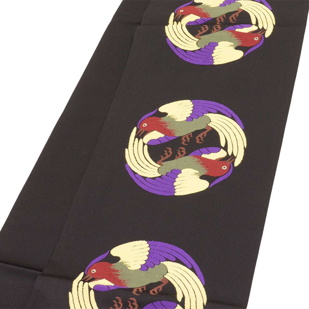 Vintage Japanese Obi | Fukuro Obi | Black Silk | Facing Birds Pattern | Kara-ori | Gold Silver Thread | Sustainable | vv0012
