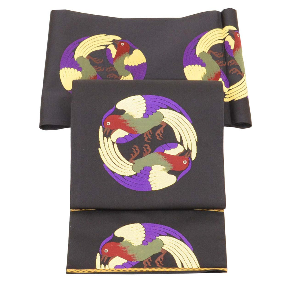 Vintage Japanese Obi | Fukuro Obi | Black Silk | Facing Birds Pattern | Kara-ori | Gold Silver Thread | Sustainable | vv0012