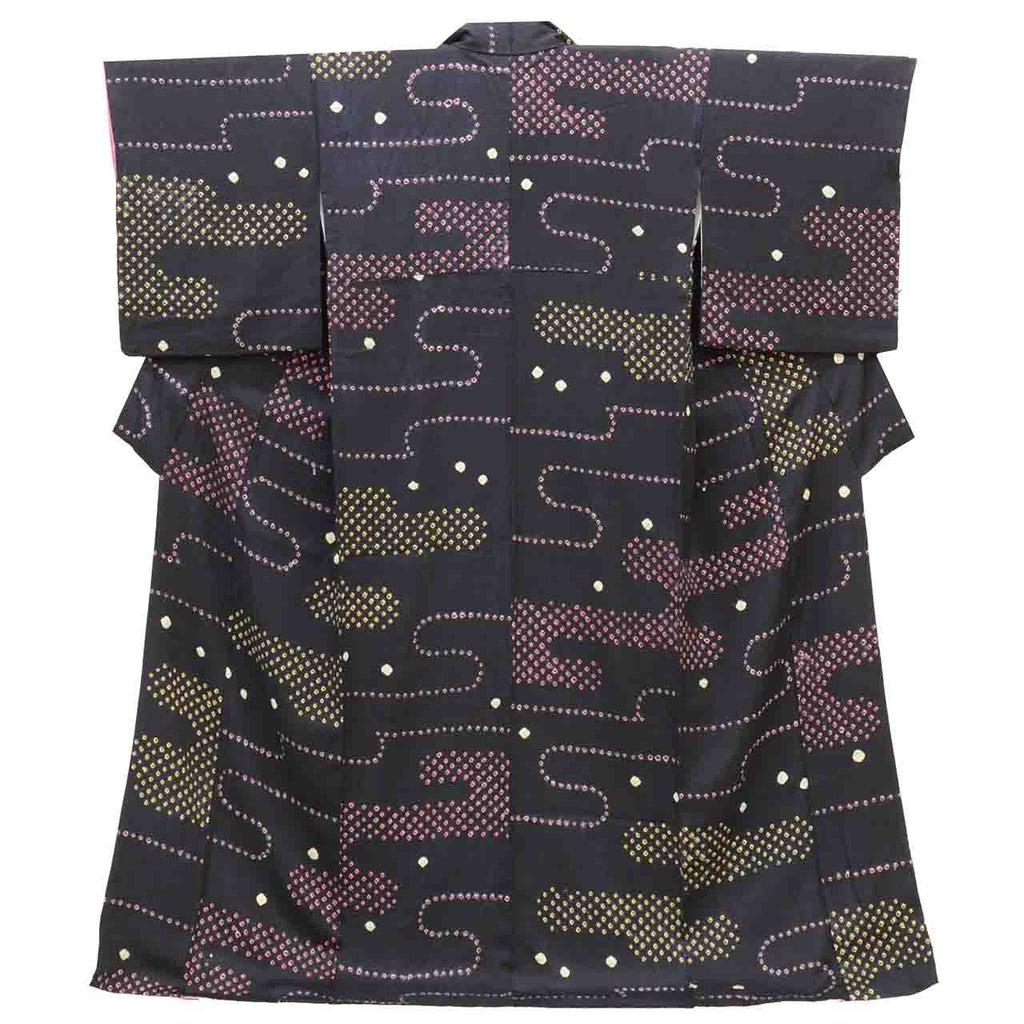 Vintage Japanese Kimono | Komon | Black Silk | Geometric Shibori | Size L | Sustainable | vv0014