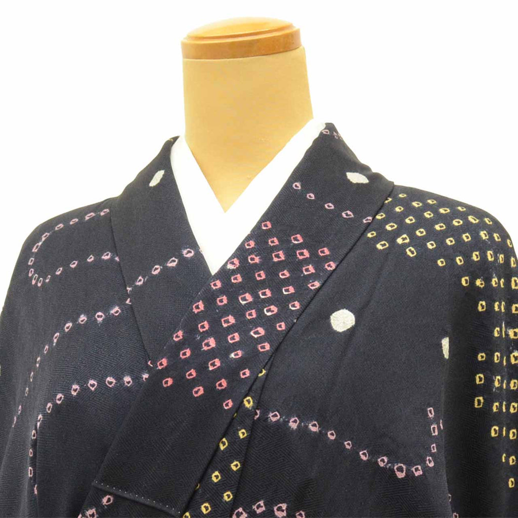 Vintage Japanese Kimono | Komon | Black Silk | Geometric Shibori | Size L | Sustainable | vv0014