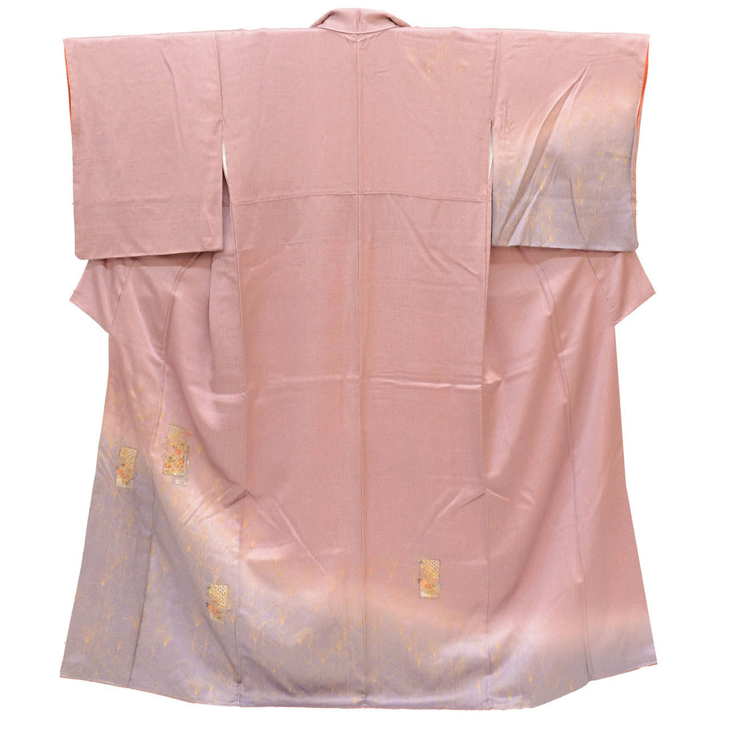 Vintage Japanese Kimono | Houmongi | Purple Silk | Paper Card Floral Pampas Embroidery Gold Foil | Size M | Sustainable | vv0020