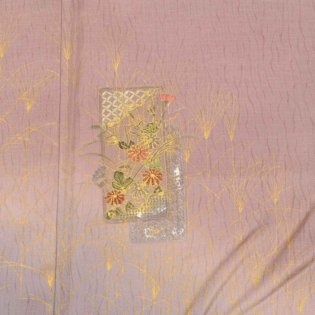 Vintage Japanese Kimono | Houmongi | Purple Silk | Paper Card Floral Pampas Embroidery Gold Foil | Size M | Sustainable | vv0020