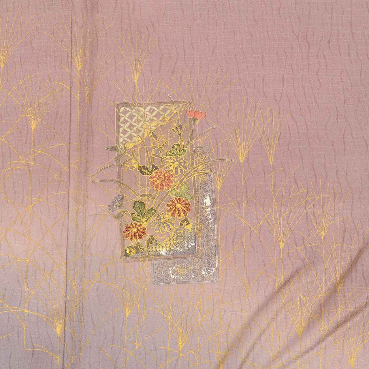 Vintage Japanese Kimono | Houmongi | Purple Silk | Paper Card Floral Pampas Embroidery Gold Foil | Size M | Sustainable | vv0020