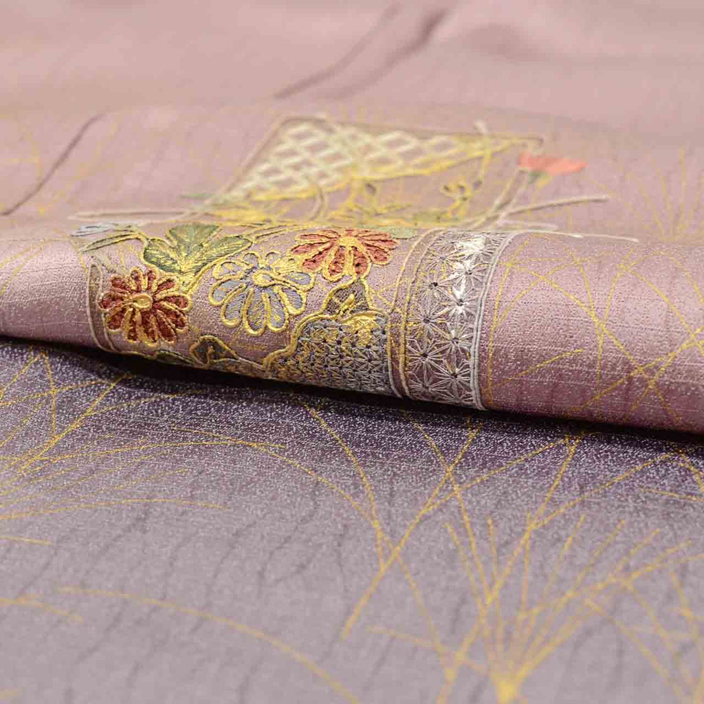 Vintage Japanese Kimono | Houmongi | Purple Silk | Paper Card Floral Pampas Embroidery Gold Foil | Size M | Sustainable | vv0020