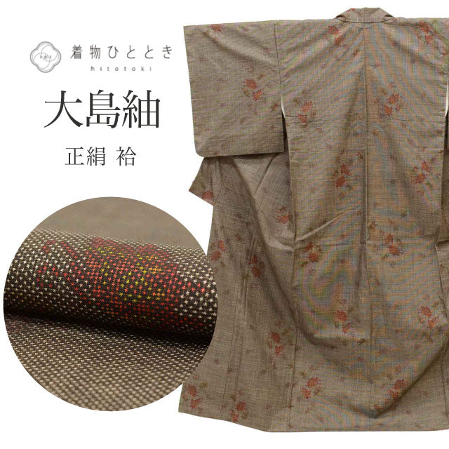 【中古】 大島紬 リサイクル着物 着物 正絹 絹 Mサイズ ちょっとふくよかL 特品 身丈 158.8cm 裄丈 66.5cm 袷 仕立て上がり 一元式 茶 蝶 SILK シルク リユース vv0029