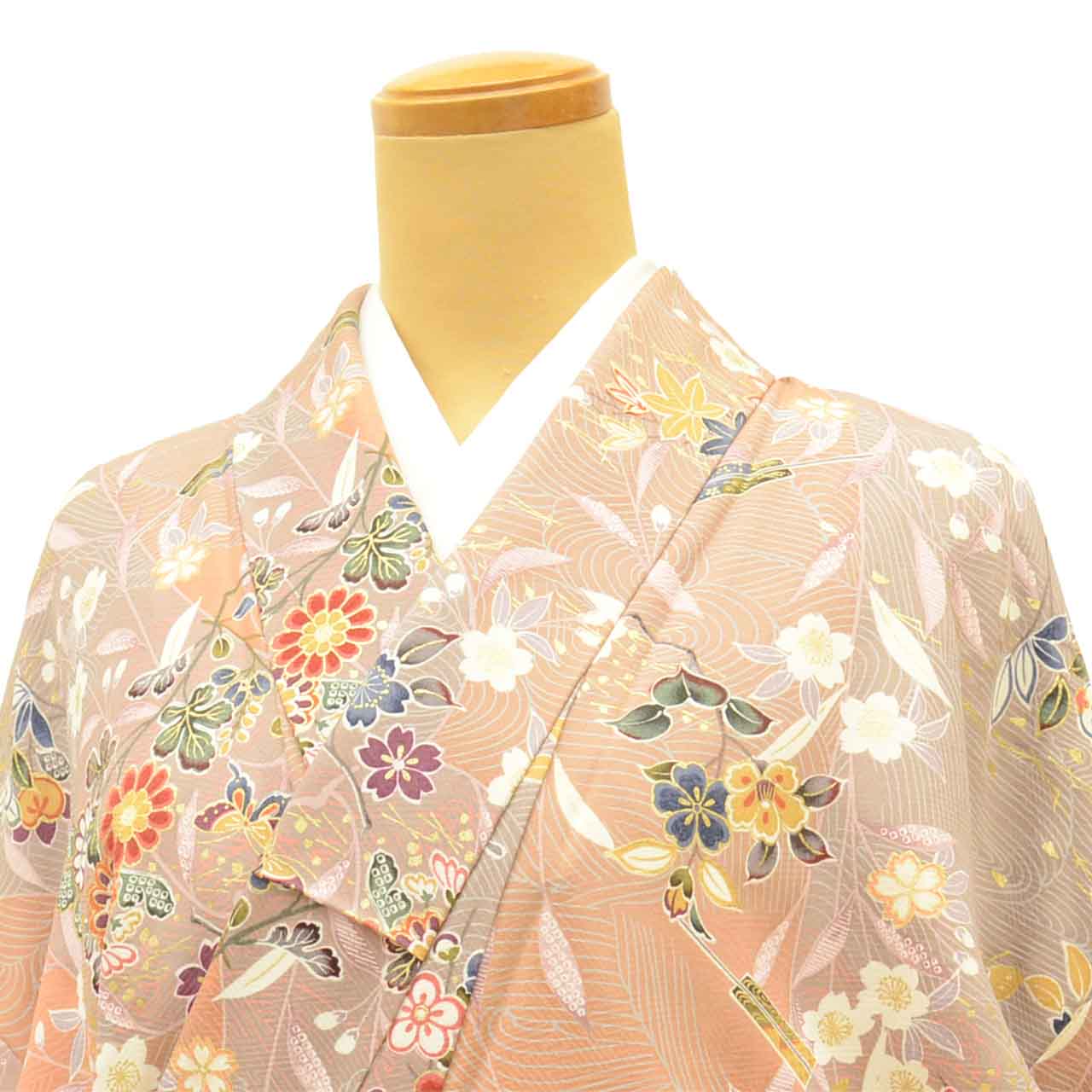 Vintage Japanese Kimono | Komon | Brown Silk | Floral Stream Gold Foil | Tango Chirimen | Size M | Sustainable | vv0030