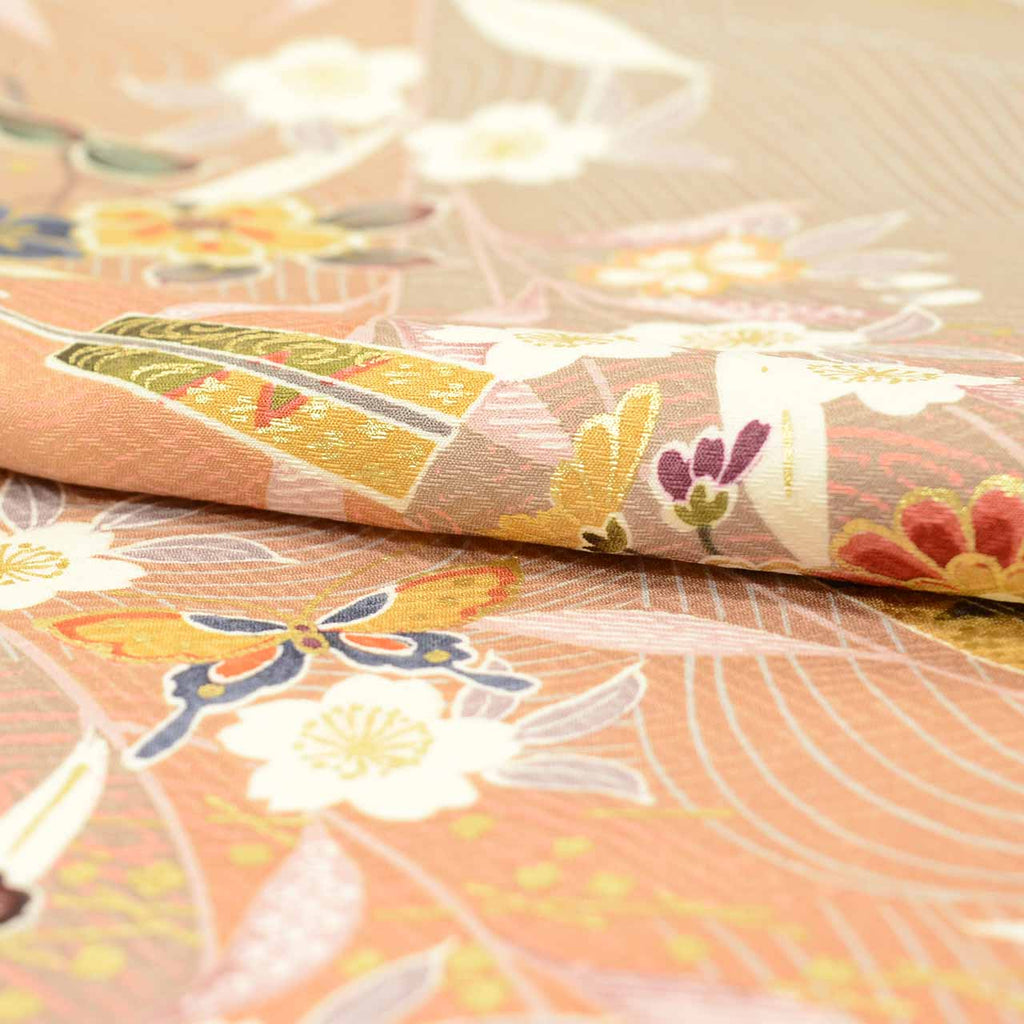 Vintage Japanese Kimono | Komon | Brown Silk | Floral Stream Gold Foil | Tango Chirimen | Size M | Sustainable | vv0030