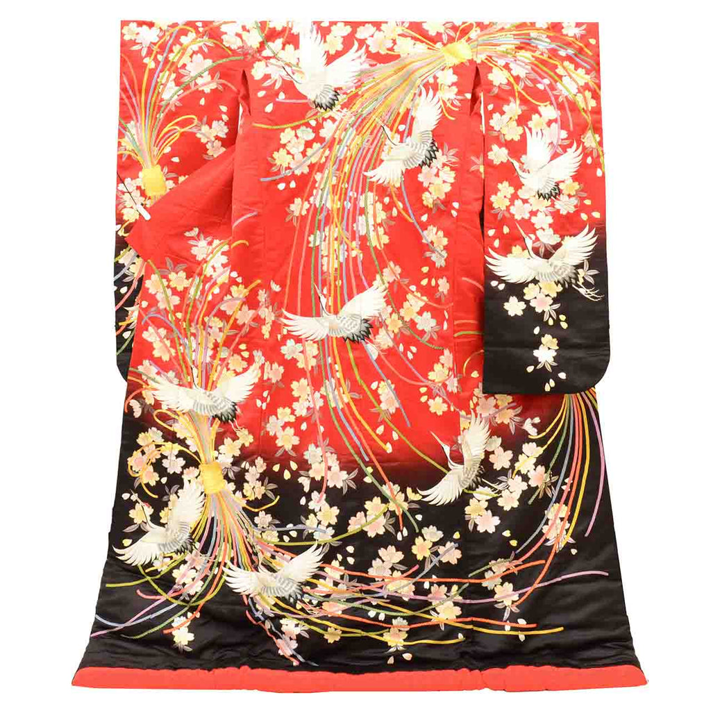 Vintage Japanese Kimono | Iro-uchikake | Red Silk | Bundled Noshi Flying Crane | Gold Embroidery | Bridal | Size L | Sustainable | vv0034