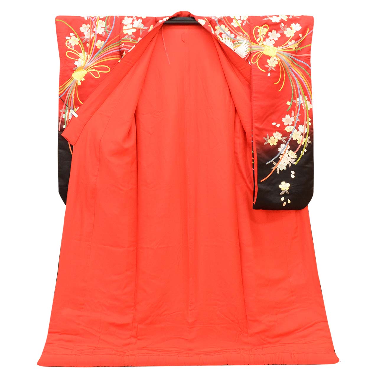 Vintage Japanese Kimono | Iro-uchikake | Red Silk | Bundled Noshi Flying Crane | Gold Embroidery | Bridal | Size L | Sustainable | vv0034
