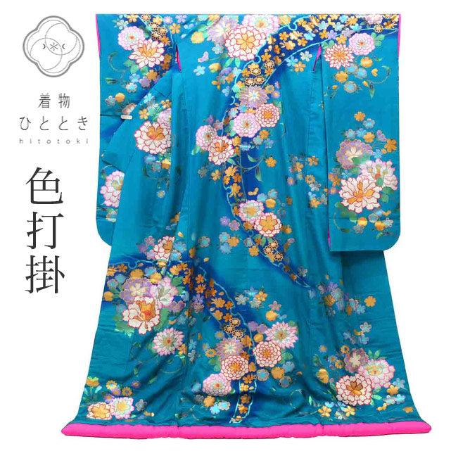 【中古】 色打掛 リサイクル着物 花嫁衣裳 正絹 絹 LLサイズ 大きめサイズ・高身長・トールサイズ 袷 特品 仕立て上がり 身丈198cm 裄丈66.5cm 金彩 落款有り 作家物 青 広衿 SILK シルク リユース vv0035
