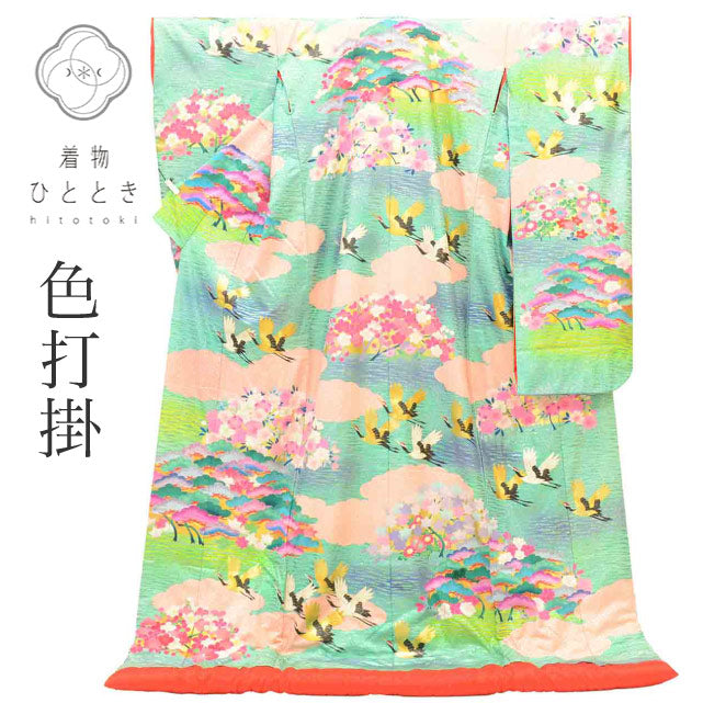 【中古】 色打掛 リサイクル着物 花嫁衣裳 正絹 絹 LLサイズ 大きめサイズ・高身長・トールサイズ 袷 特品 仕立て上がり 身丈199cm 裄丈66cm 京友禅 金彩 落款有り 秋山章 緑 SILK シルク リユース vv0036